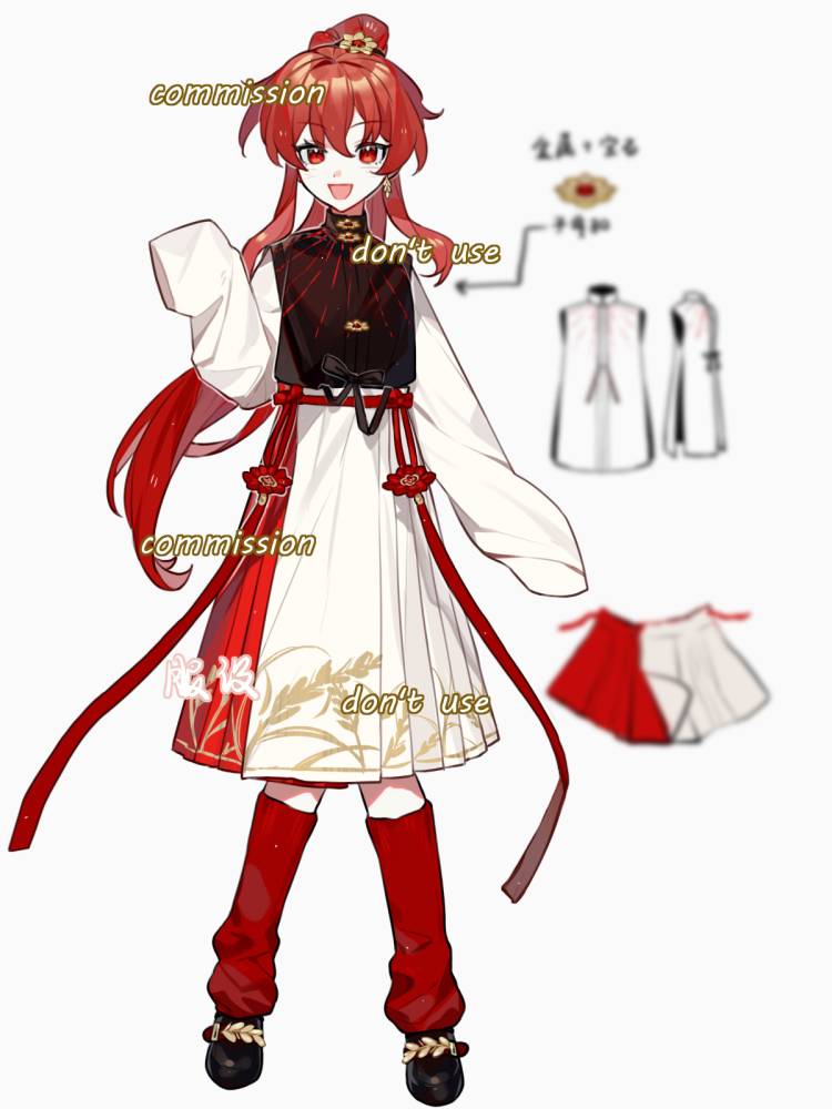 1girl, a-junk, bad_source, black_shoes, chinese_clothes, chinese_text, english_text, full_body, hanfu, high_ponytail, long_hair, long_sleeves, looking_at_viewer, mamianqun, ming_dynasty, mixed-language_text, open_mouth, original, paddy_print, ponytail, red_eyes, red_hair, shirt, shoes, simple_background, skirt, sleeves_past_fingers, sleeves_past_wrists, smile, socks, solo, white_background