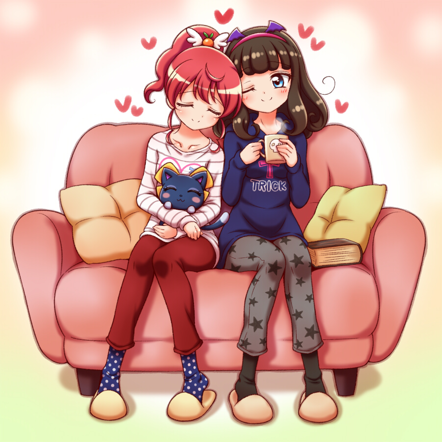 2girls, blue_eyes, book, brown_hair, closed_eyes, collarbone, couch, couple, cup, hair_ornament, hairband, head_on_another's_shoulder, heads_together, heart, holding, holding_cup, kuga_yoshito, kurosu_aroma, leaning_on_person, long_hair, looking_at_another, multiple_girls, neko_(pripara), on_couch, one_eye_closed, ponytail, pretty_series, pripara, red_hair, shiratama_mikan, shirt, side-by-side, sidelocks, sitting, slippers, smile, socks, steam, striped_clothes, striped_shirt, swept_bangs, yuri