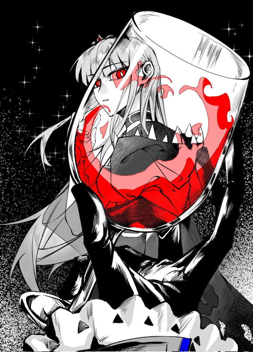 2girls, alcohol, black_dress, black_gloves, bright_pupils, cup, dress, drinking_glass