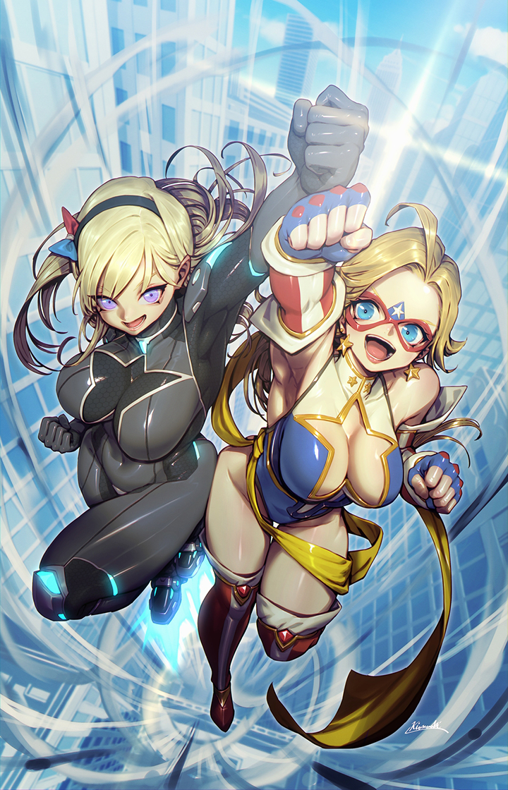 2girls, american_flag, american_flag_print, black_bodysuit, blonde_hair, blue_eyes, bodysuit, boots