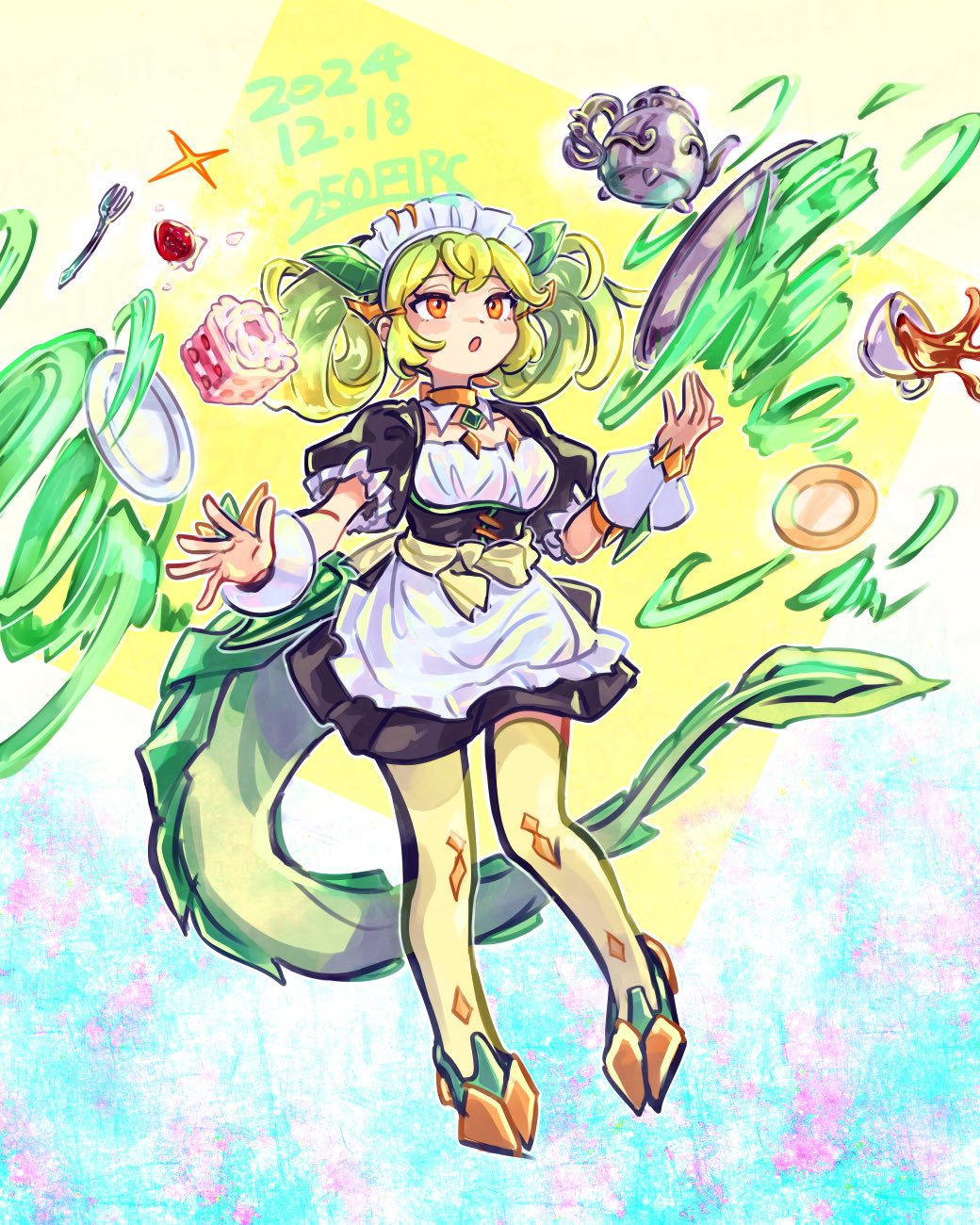 1girl, 250en_remon, black_dress, collarbone, cup, dated, dragon_girl, dragon_horns