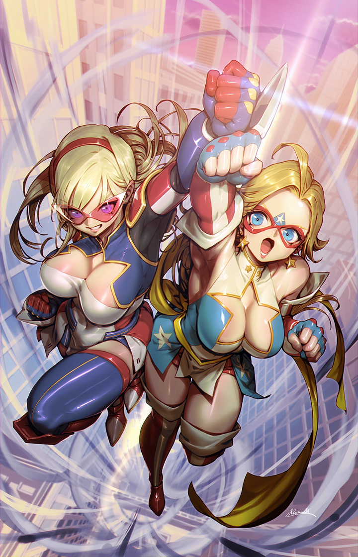 2girls, american_flag, american_flag_print, blonde_hair, blue_eyes, boots, breasts, cleavage