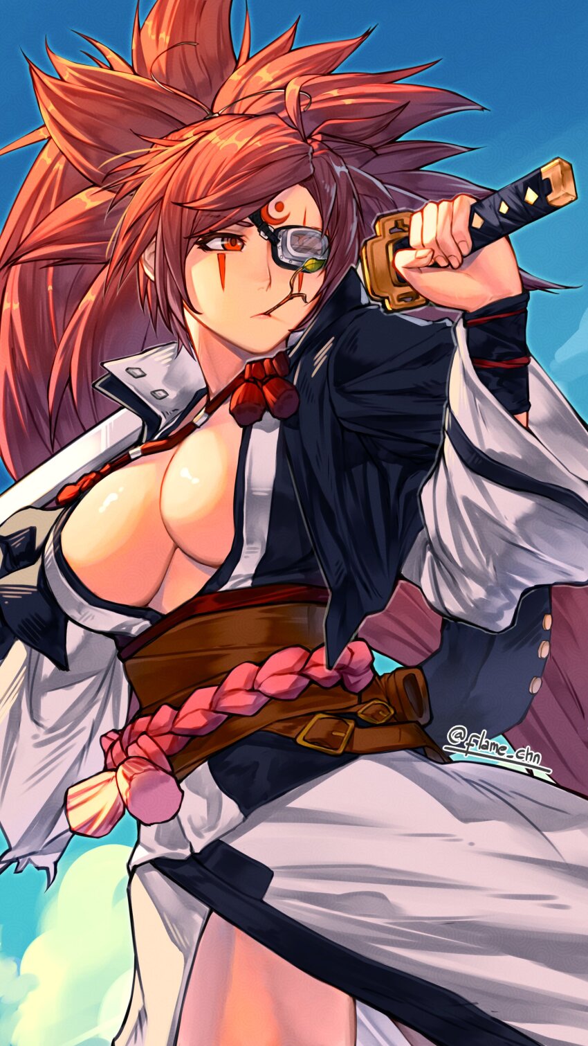 absurdres, baiken, breasts, brown_hair, cleavage, cowboy_shot, flamechamp10n, goggles