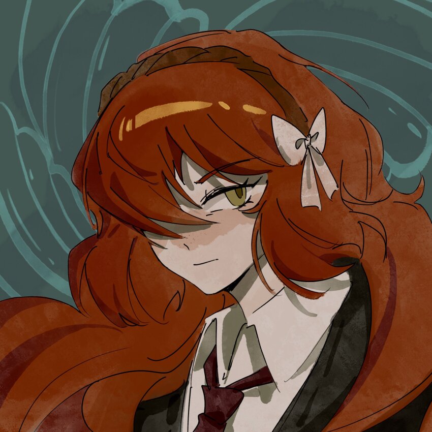 1girl, aqua_background, black_jacket, bow, closed_mouth, collared_shirt, formal_clothes, freckles