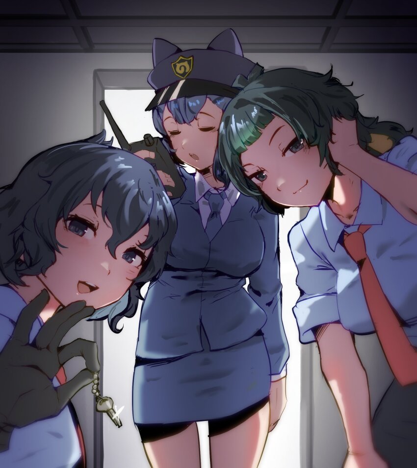 3girls, black_hair, blue_eyes, blue_shirt, blush, breasts, female_service_cap, gloves