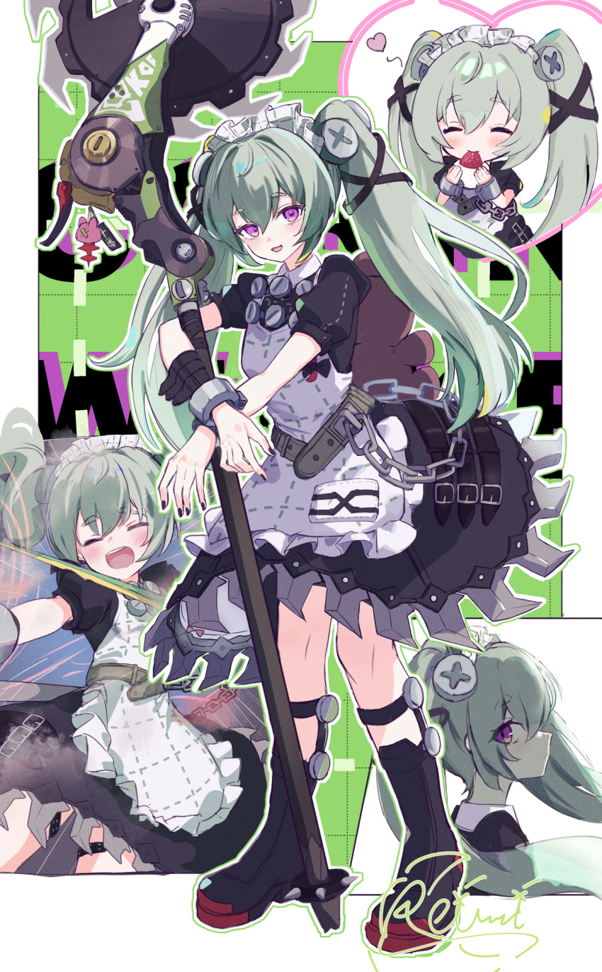 1girl, :d, animal_bag, apron, bear_bag, belt, black_dress, black_footwear