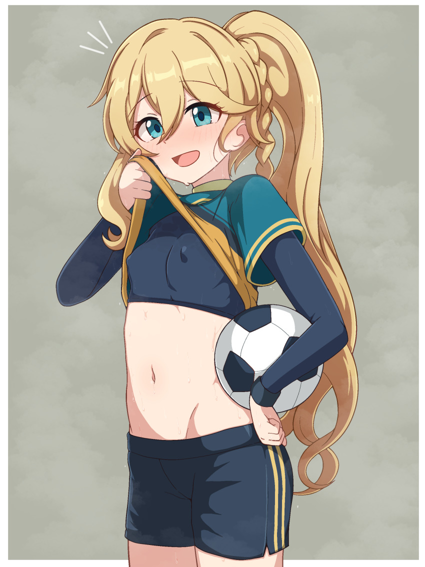 1girl, :d, absurdres, aqua_eyes, ball, black_shirt, black_shorts, blonde_hair