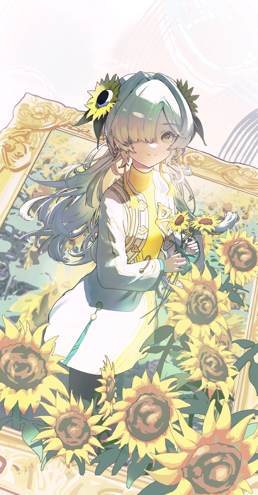 1girl, absurdres, blonde_hair, dress, flower, grey_eyes, grey_hair, hair_flower