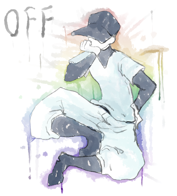 1boy, baseball_cap, baseball_uniform, black_footwear, black_hat, copyright_name, faceless, faceless_male