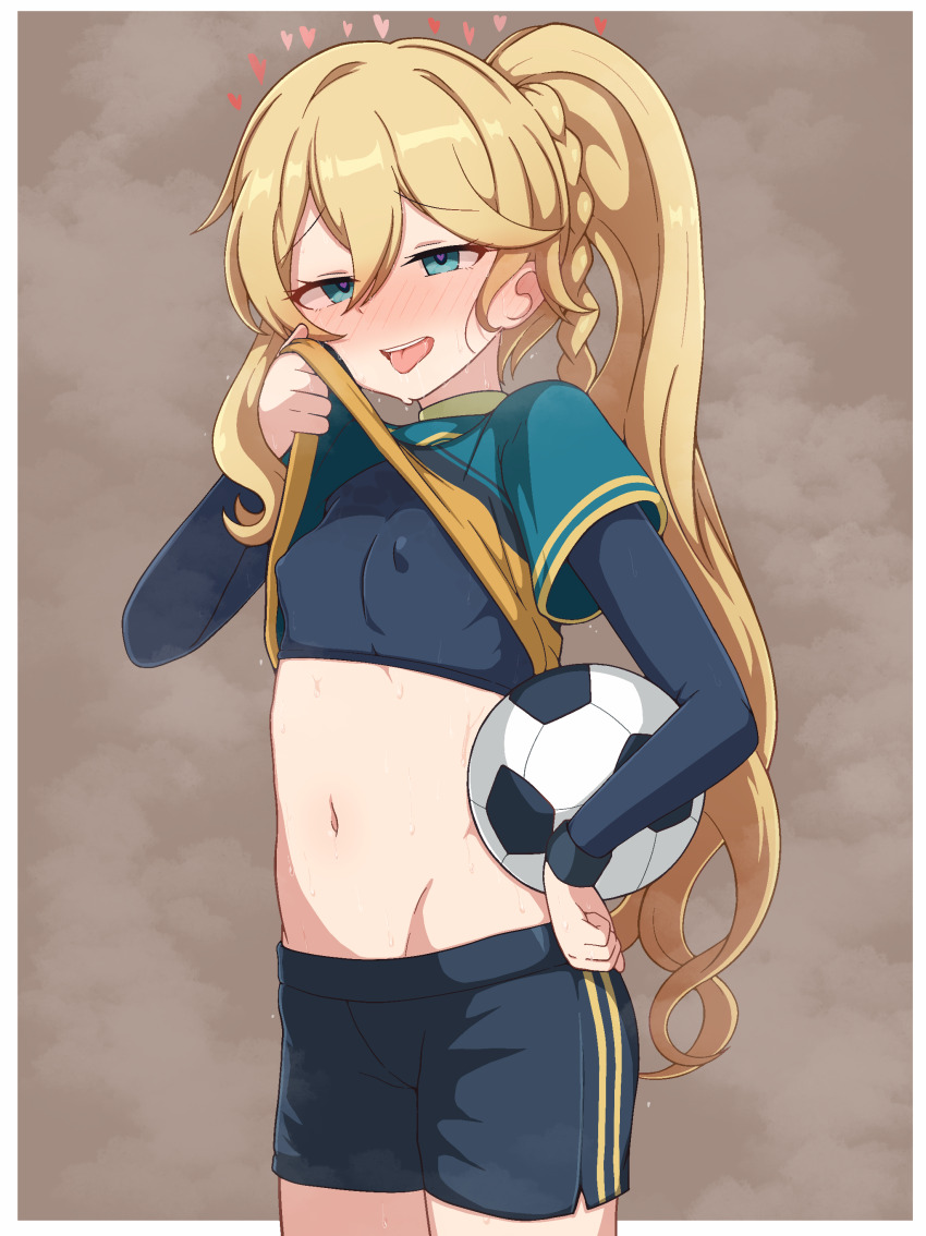 1girl, :d, absurdres, aqua_eyes, aroused, ball, black_shirt, black_shorts, blonde_hair, blush, border, braid, breasts, clothes_lift, covered_erect_nipples, dot_nose, durandal_(honkai_impact), durandal_(reign_solaris)_(honkai_impact), eyelashes, grey_background, groin, hair_between_eyes, half-closed_eyes, heart, highres, holding, holding_ball, honkai_(series), honkai_impact_3rd, lifting_own_clothes, long_hair, long_sleeves, looking_at_viewer, midriff, milliani, navel, nose_blush, notice_lines, open_mouth, outside_border, ponytail, shirt, shirt_lift, shorts, sidelocks, small_breasts, smile, soccer_ball, soccer_uniform, solo, sportswear, standing, sweat, teeth, tongue, tongue_out, upper_teeth_only, very_long_hair, white_border, wiping_face, wiping_with_clothes