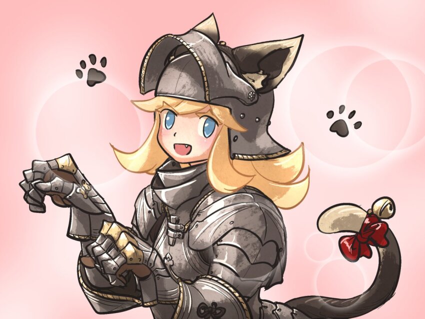 1girl, animal_ears, armor, bell, bevor, blonde_hair, blue_eyes, bow, breastplate, cat_ears, cat_tail, couter, cuirass, fake_animal_ears, fang, gauntlets, gothic_plate_armor, helm, helmet, ironlily, knight, open_mouth, original, pauldrons, paw_pose, paw_print, perlweiss_(ironlily), pink_background, plackart, plate_armor, red_bow, sallet, shoulder_armor, solo, tail, tail_bell, tail_bow, tail_ornament, vambraces