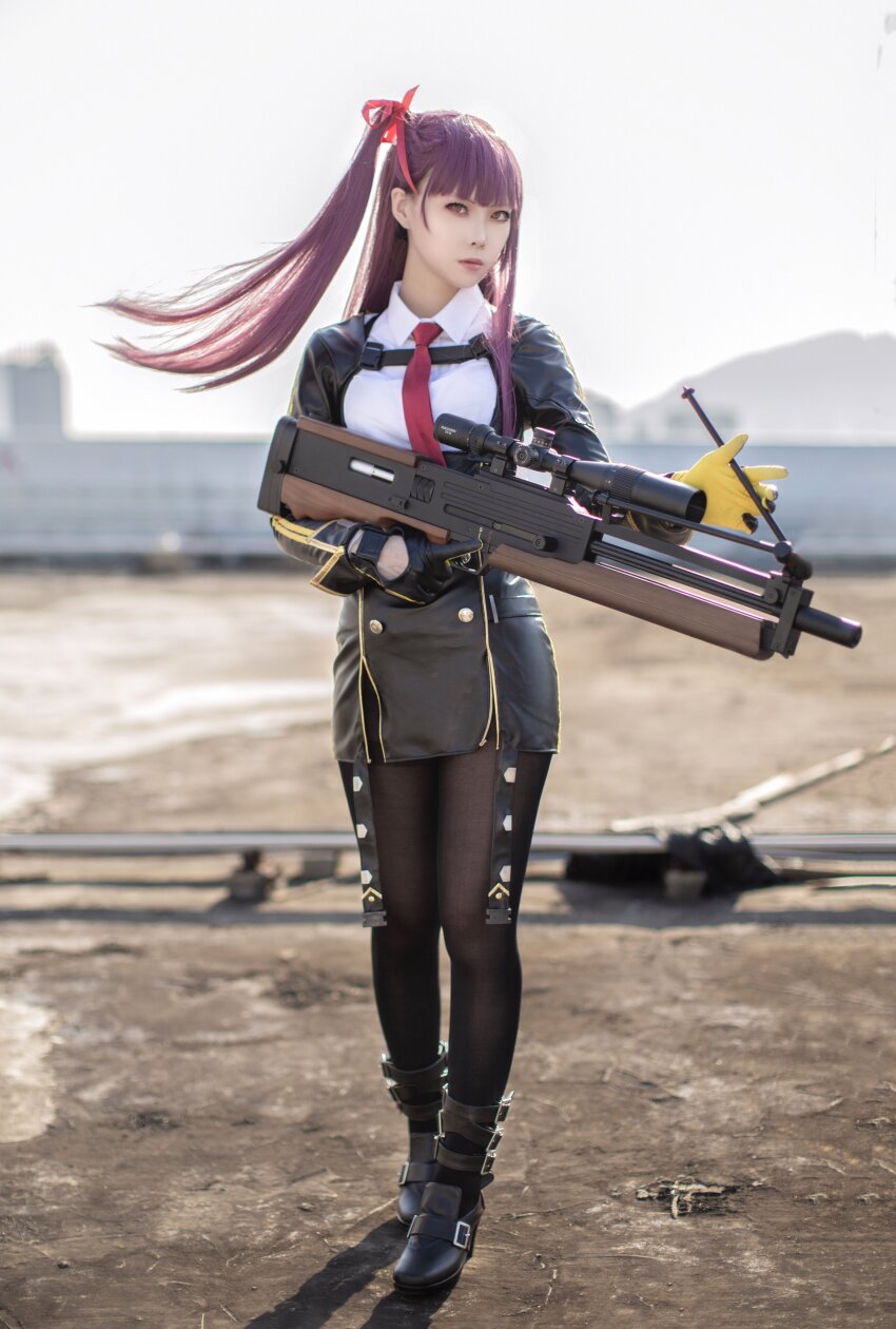 1girl, absurdres, belt, black_footwear, black_jacket, black_pantyhose, black_skirt, blunt_bangs