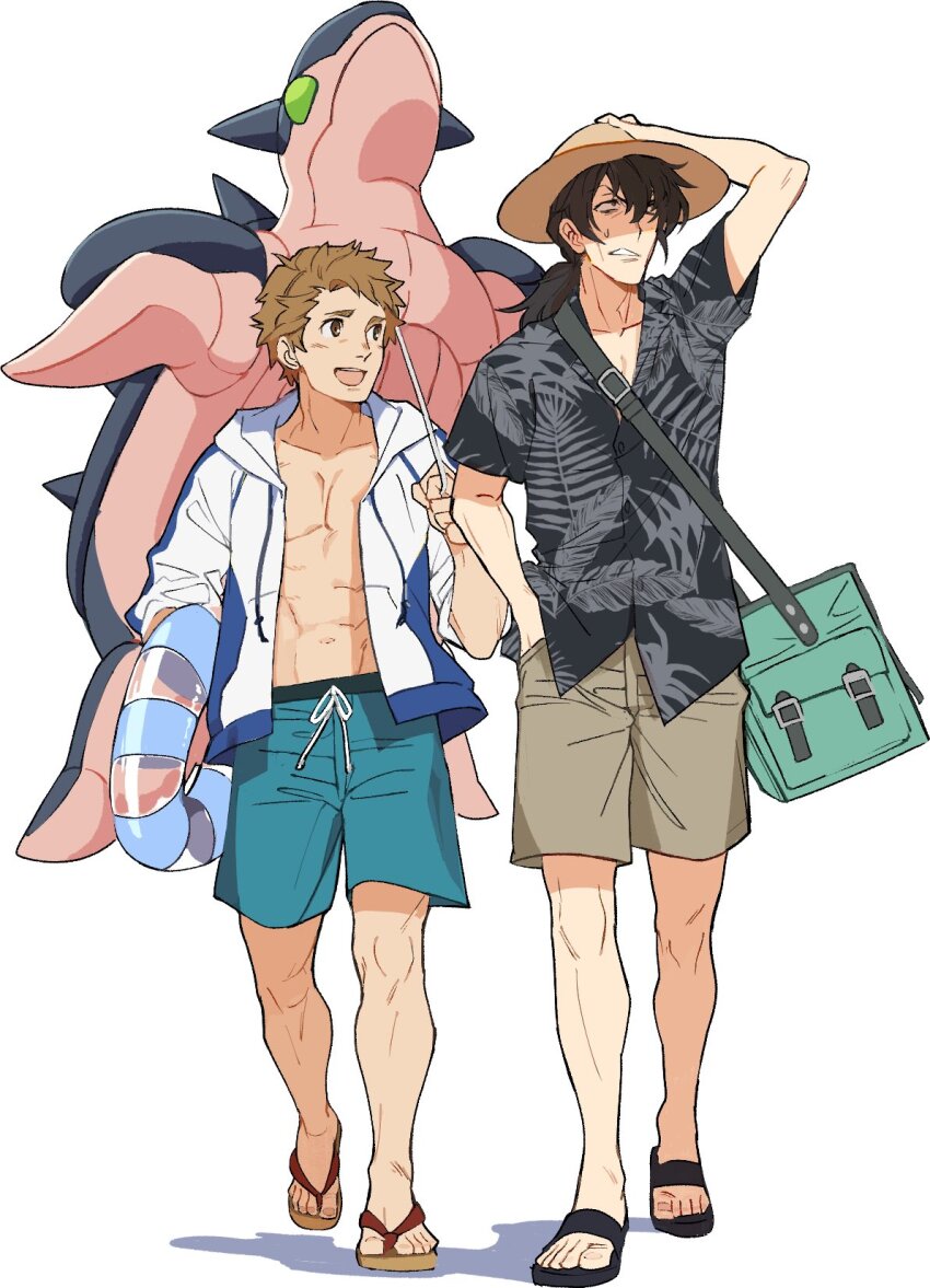 2boys, :d, annoyed, bag, black_hair, black_shirt, brown_eyes, brown_hair