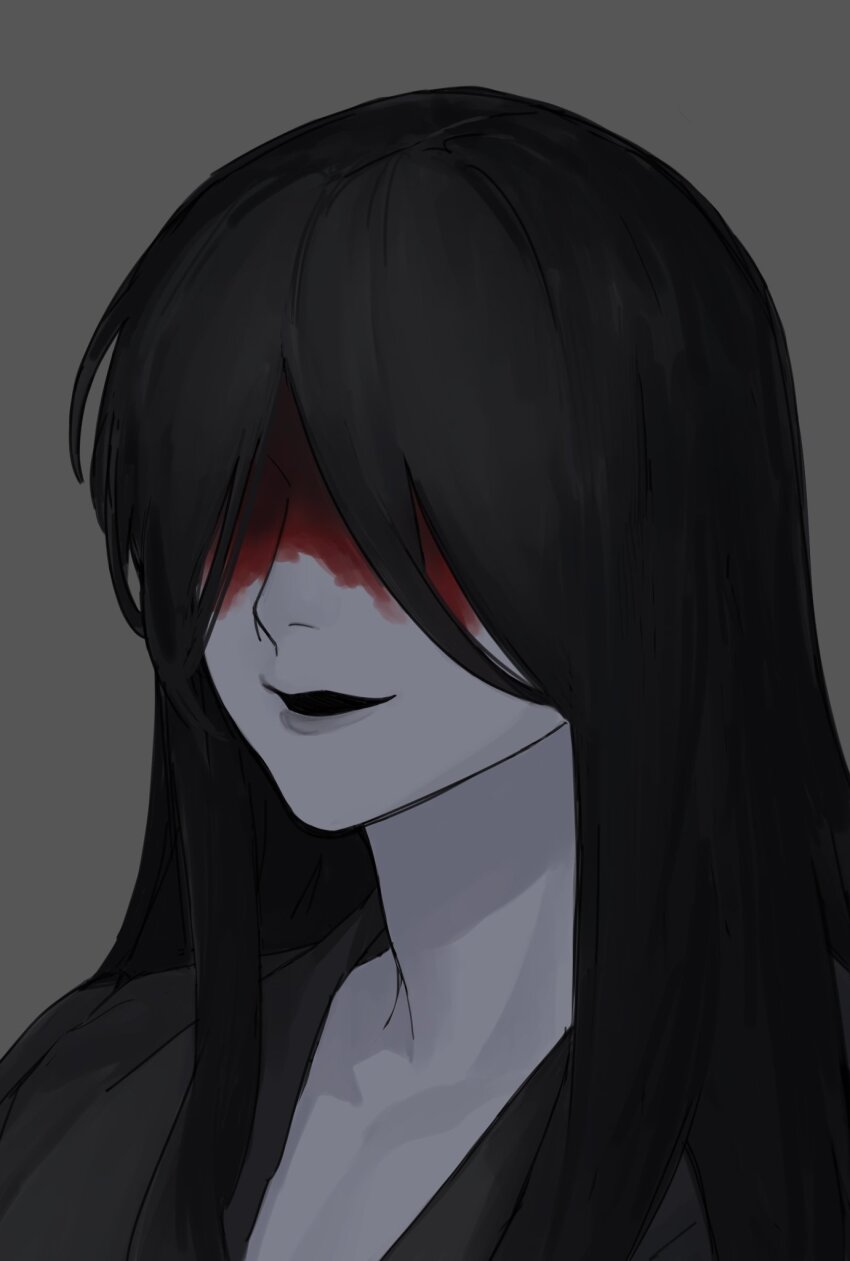 1boy, black_hair, black_kimono, blood, blood_on_face, commentary_request, grey_background, highres, homicipher, japanese_clothes, kimono, korean_commentary, long_hair, male_focus, mjk_r18, mr._crawling, portrait, simple_background, solo