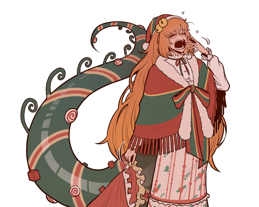 1girl, arm_at_side, blush, christmas, christmas_nightmare_(e.g.o), christmas_tree_print, closed_eyes, collared_shirt, e.g.o_(project_moon), frilled_shirt_collar, frills, front_bow, fur-trimmed_shawl, fur_trim, hand_up, hat, hat_bell, highres, holding, ishmael_(project_moon), limbus_company, long_hair, long_skirt, misg1111, neck_ribbon, orange_hair, print_skirt, project_moon, ribbon, santa_hat, shawl, shirt, simple_background, skirt, solo, squeans, striped_shawl, tail, very_long_hair, white_background, yawning