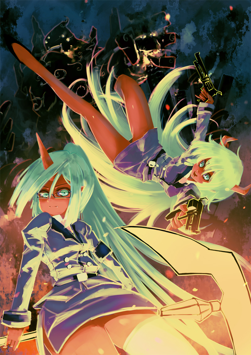 10s, die_letzte_(tc), dual_wielding, gun, holding, horns, kneesocks_(psg), panty_&amp;_stocking_with_garterbelt