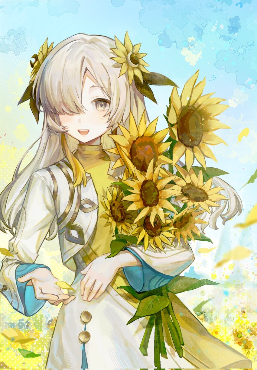 1girl, blonde_hair, blush, bouquet, dress, flower, grey_eyes, grey_hair, hair_over_one_eye, highres, holding, holding_bouquet, ichigo_(hanmian114514), isekaijoucho, kamitsubaki_studio, long_hair, looking_at_viewer, multicolored_hair, open_mouth, smile, solo, sunflower, two-tone_hair