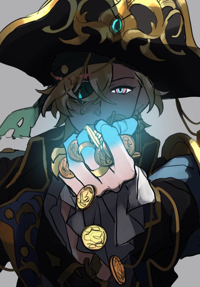 1boy, aventurine_(honkai:_star_rail), black_hat, black_jacket, blonde_hair, catxmata, coin, collared_jacket