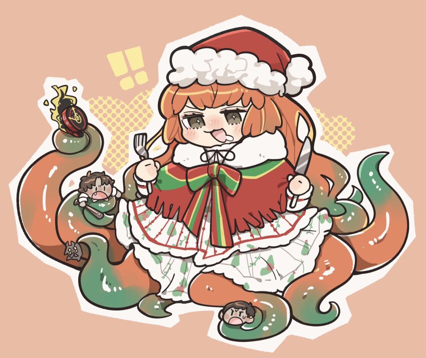 1boy, 1other, 2girls, :d, absurdly_long_hair, baseball_bat, blush, brown_eyes