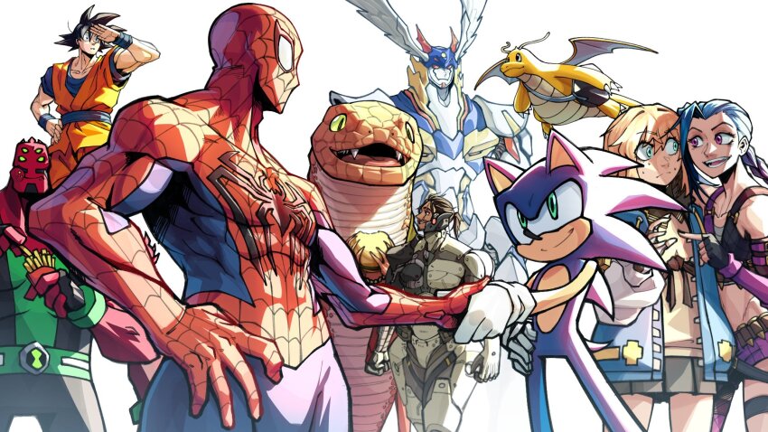 1girl, 6+boys, arzergex, ben_10, blonde_hair, bridget_(guilty_gear), crossover, dragon_ball, dragonite, elden_ring, four_arms_(ben_10), gen_1_pokemon, guilty_gear, guilty_gear_strive, highres, jinx_(league_of_legends), league_of_legends, looking_at_another, marvel, metal_gear_(series), metal_gear_rising:_revengeance, multiple_boys, muscular, muscular_male, nintendo, pokemon, rahxephon, rahxephon_(mecha), rya_(elden_ring), samuel_rodrigues, second-party_source, smile, son_goku, sonic_(series), sonic_the_hedgehog, spider-man, spider-man_(series)