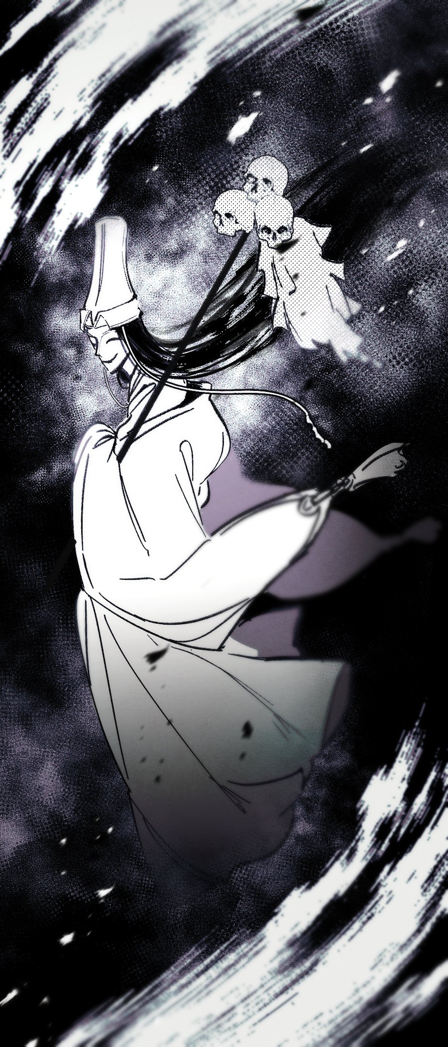 1boy, bai_wuxiang, blurry, chinese_clothes, conical_hat, full_body, gohei, hanfu