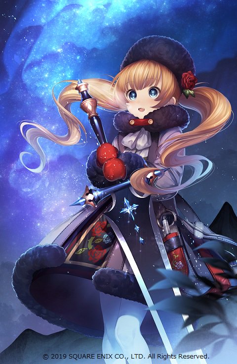 1girl, aurora, blue_eyes, brown_coat, coat, copyright_notice, fur_trim, gerda_(grimms_echoes)