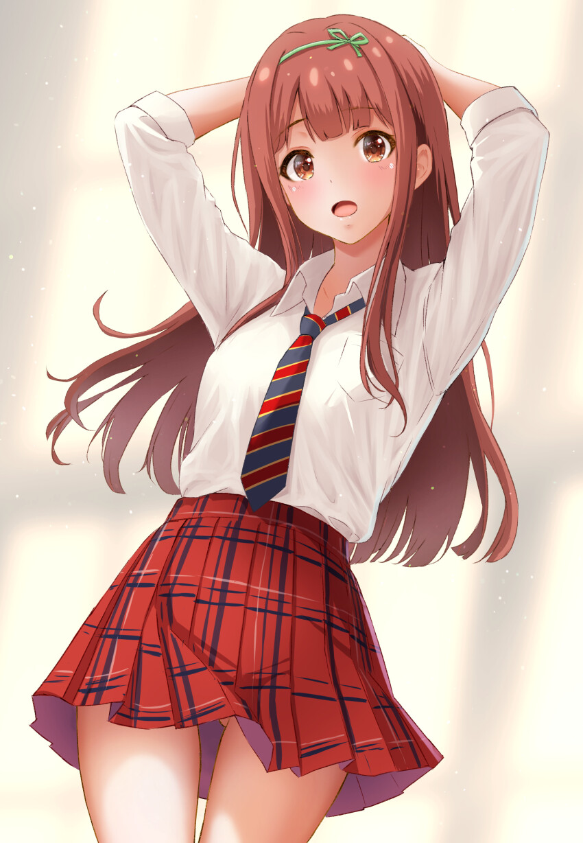 1girl, absurdres, arms_up, blunt_bangs, blurry, blurry_background, brown_eyes, brown_hair