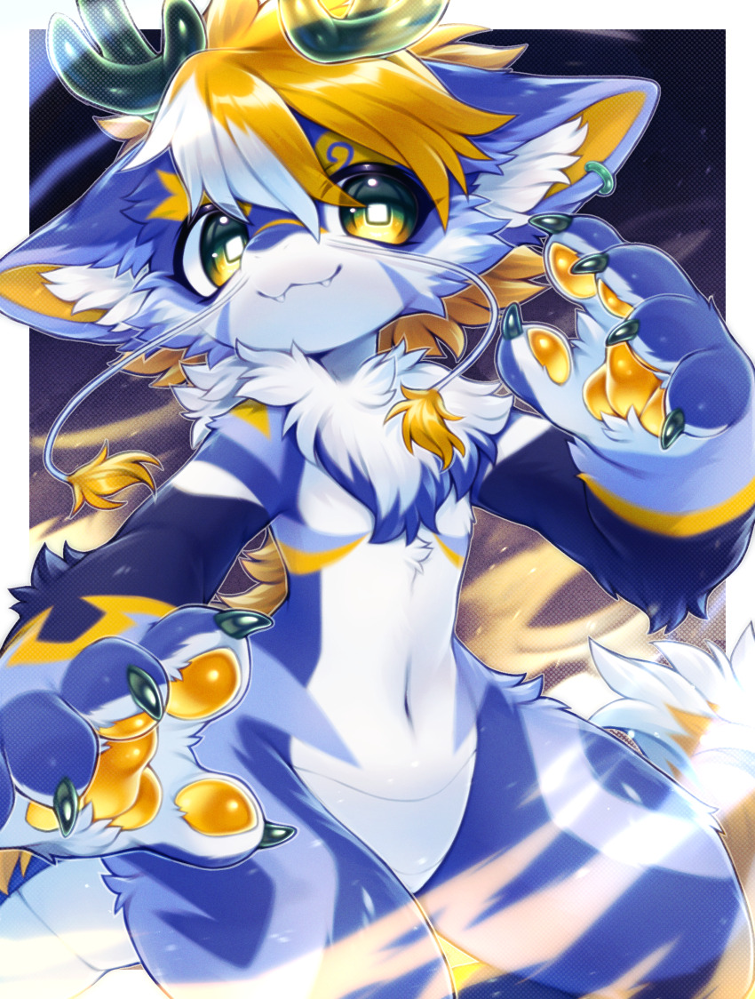 0suzu_illust, 1other, :3, antlers, black_background, blonde_hair, blue_fur, border, borrowed_character, bright_pupils, closed_mouth, commission, cowboy_shot, digitigrade, earrings, fangs, fangs_out, flipped_hair, furry, glowing, gradient_background, gradient_eyes, green_eyes, green_horns, hand_up, highres, horns, jewelry, multicolored_eyes, multicolored_hair, navel, neck_fur, nostrils, nude, original, other_focus, outside_border, second-party_source, short_hair, single_earring, skeb_commission, smoke, solo, square_pupils, streaked_hair, tail, turning_head, whiskers, white_border, white_fur, white_hair, white_pupils, yellow_eyes, yellow_fur