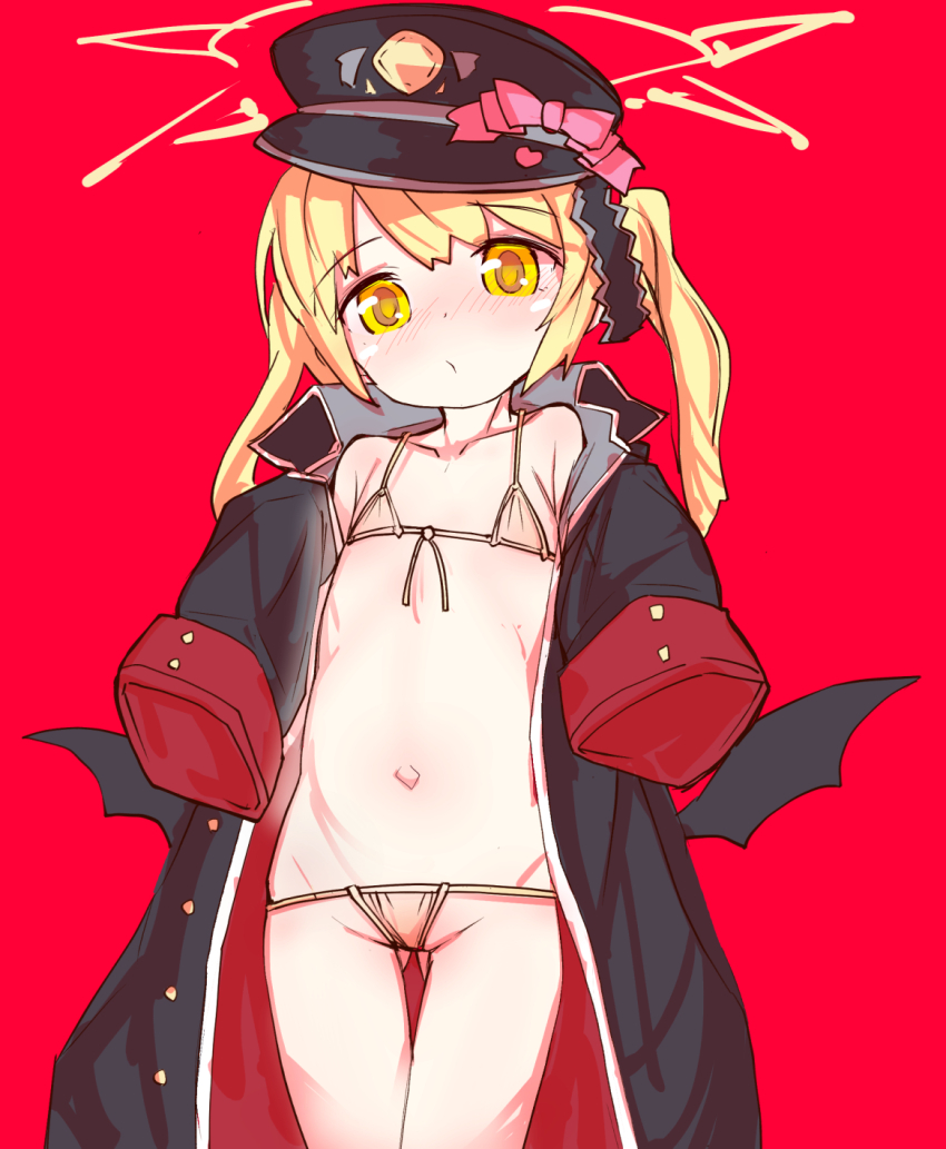 1girl, bikini, black_horns, black_tail, black_wings, blonde_hair, blue_archive, blush