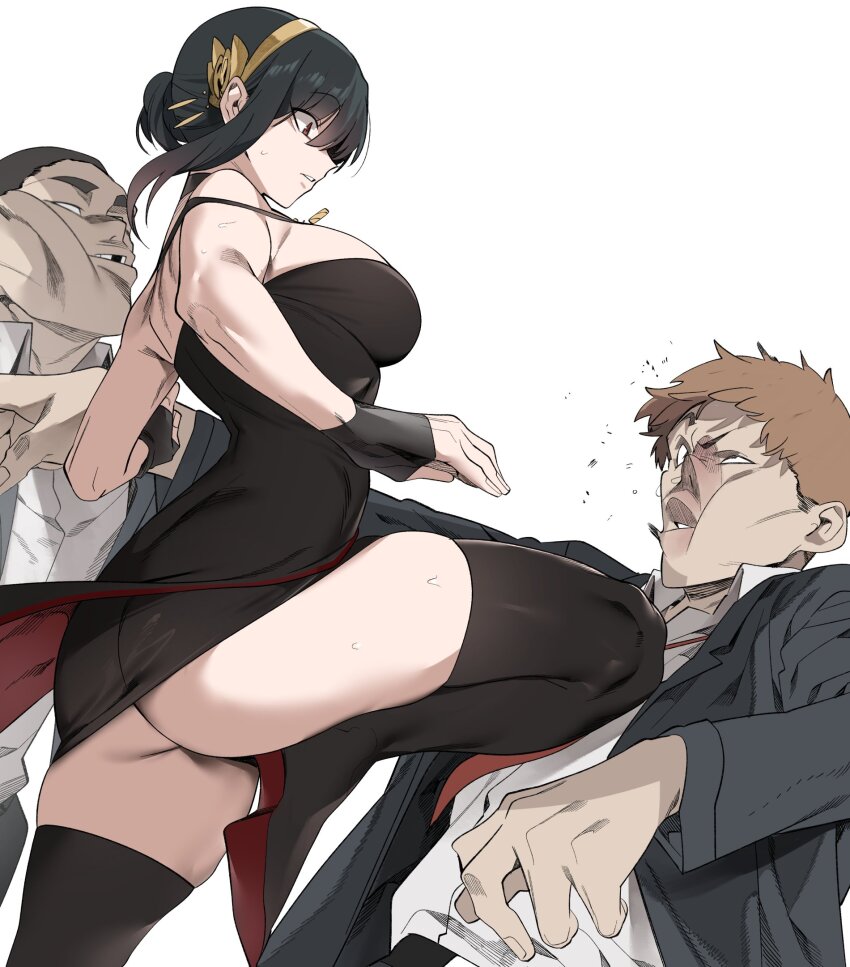 1girl, 2boys, ass, attack, bare_shoulders, black_dress, black_hair, black_jacket