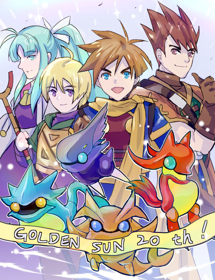 1girl, 3boys, aqua_eyes, aqua_hair, blonde_hair, blue_eyes, brown_gloves, brown_hair