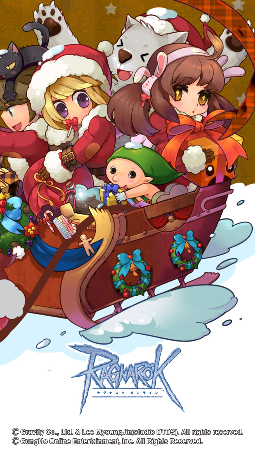 >_<, 2boys, 2girls, :d, animal, animal_on_head, black_cat, blonde_hair