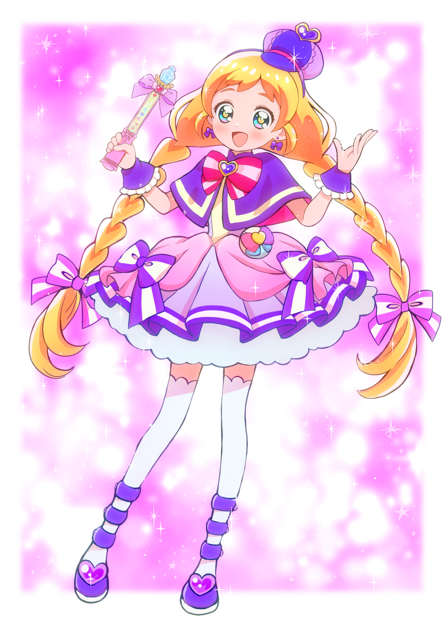 1girl, blonde_hair, blue_eyes, bow, bowtie, braid, brooch, capelet