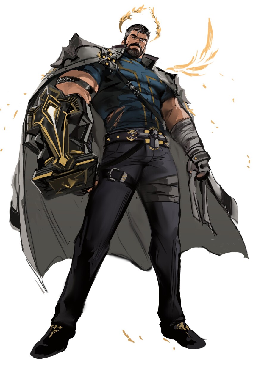 1boy, bandaged_leg, bandaged_wrist, bandages, bara, beard, black_hair, blue_shirt, connected_beard, dopey_(dopq), dungeon_and_fighter, facial_hair, highres, jacket, jacket_on_shoulders, male_crusader_(dungeon_and_fighter), male_focus, male_priest_(dungeon_and_fighter), mature_male, monk_(dungeon_and_fighter), muscular, muscular_male, pants, power_fist, priest_(dungeon_and_fighter), scar, scar_across_eye, scar_on_face, shirt, white_jacket