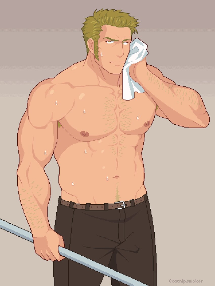 1boy, abs, absurdres, alt_text, arm_hair, armpit_hair, armpit_hair_peek, bara