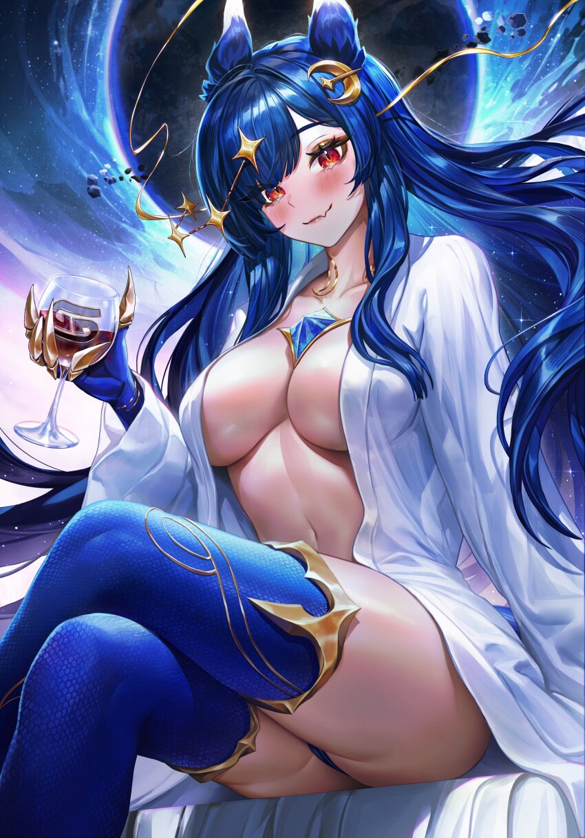 1girl, absurdres, artofkuzu, blue_hair, breasts, chest_jewel, claws, closed_mouth