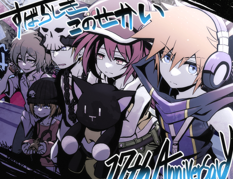 2girls, 3boys, anniversary, arms_at_sides, artist_name, bare_arms, bell, bito_daisukenojo