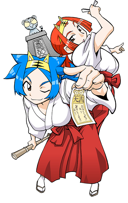 2girls, amu_ru, animal_ears, animal_print, aqua_hair, baby_animal, benga_ru, black_outline