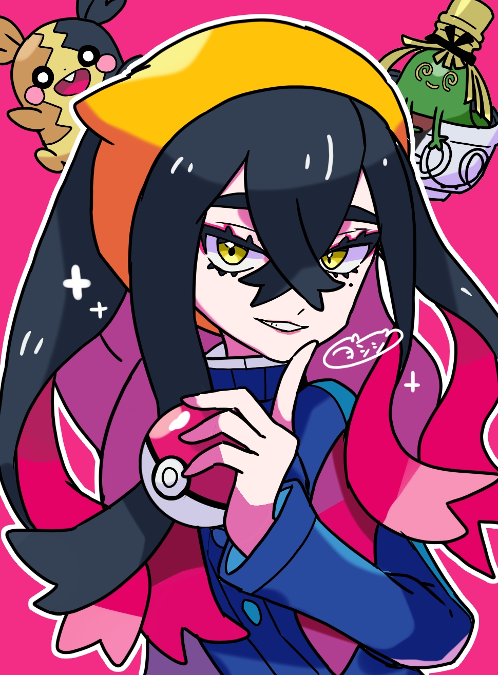 1girl, black_hair, blue_jacket, carmine_(pokemon), colored_inner_hair, crossed_bangs, gen_8_pokemon, hair_between_eyes