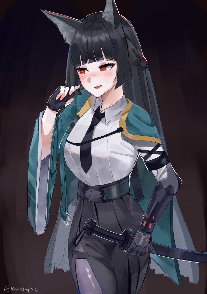 absurdres, animal_ears, black_hair, blue_coat, blush, coat, fox_ears, highres