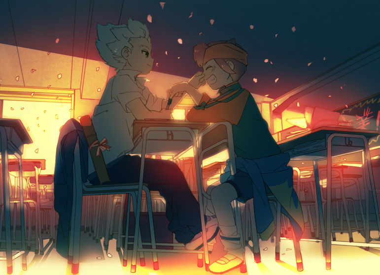 2boys, bad_id, bad_pixiv_id, book, brown_hair, chair, chalkboard, classroom