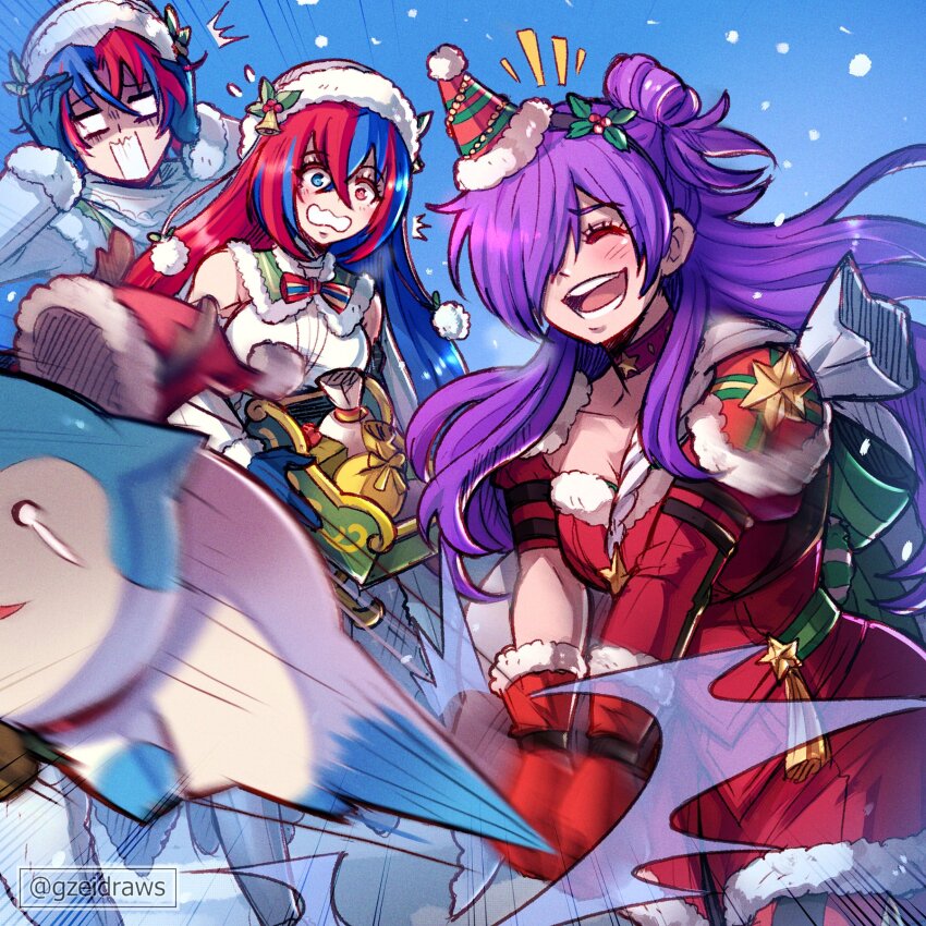 1boy, 2girls, female_alear_(fire_emblem), female_alear_(gifted_dragons)_(fire_emblem), male_alear_(fire_emblem), male_alear_(gifted_dragons)_(fire_emblem), bare_shoulders, blue_background