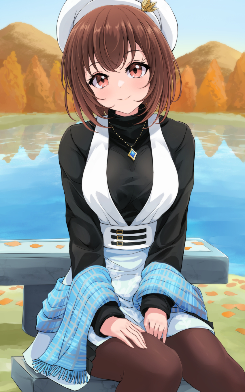 1girl, akirappy, autumn, beret, breasts, brown_eyes, brown_hair, dress