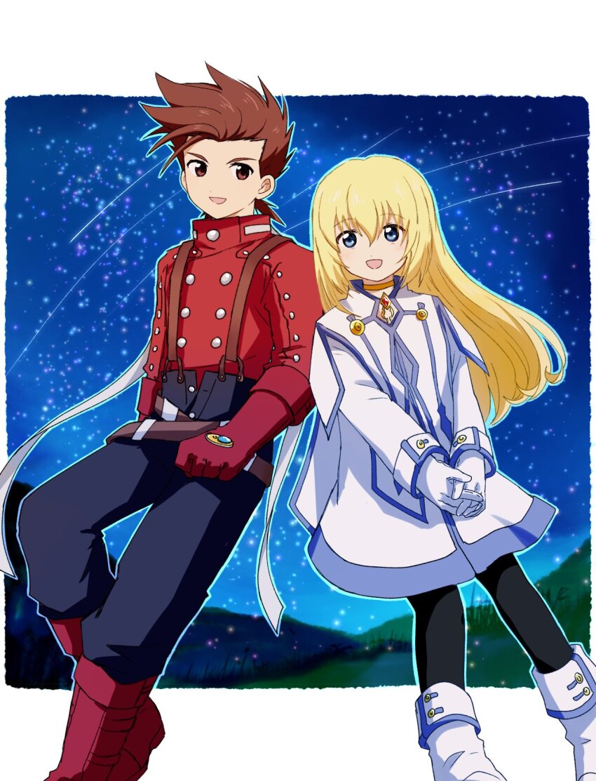 1boy, 1girl, blonde_hair, blue_eyes, boots, brown_eyes, brown_hair, colette_brunel
