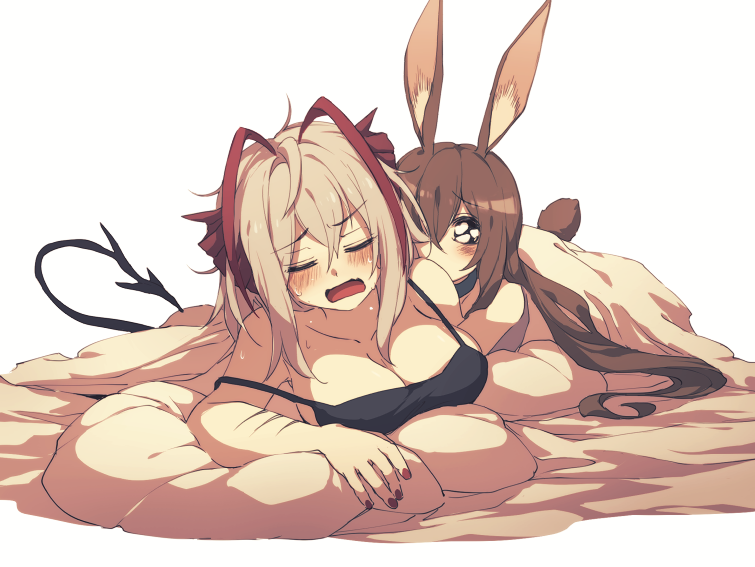 amiya_(arknights), animal_ears, arknights, black_bra, black_tail, blanket, blush, bra