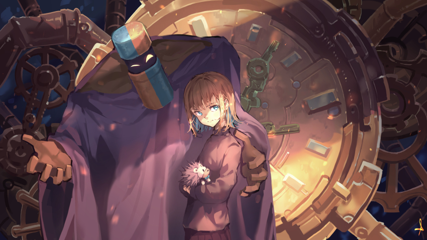 1girl, absurdres, animal, black_sweater, blonde_hair, blue_eyes, brown_skirt, byoushin_wo_kamu_(zutomayo), clock, clockwise, colored_inner_hair, dark_skin, hedgehog, highres, holding, holding_animal, kakihara_kurimunto, looking_at_viewer, multicolored_hair, nira-chan, nira-chan_(byoushin_wo_kamu)_(zutomayo), shijohane, skirt, sweater, uniguri_(zutomayo), wide_sleeves, zutto_mayonaka_de_ii_no_ni