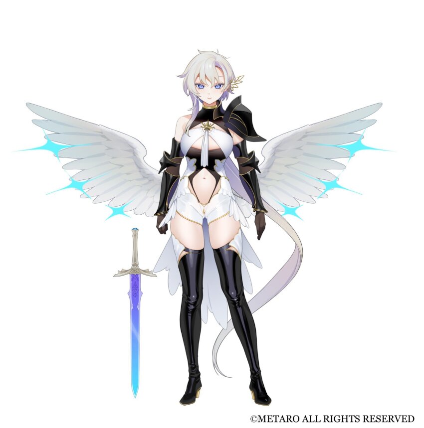 1girl, angel_wings, armor, black_boots, blue_eyes, boots, breasts, closed_mouth