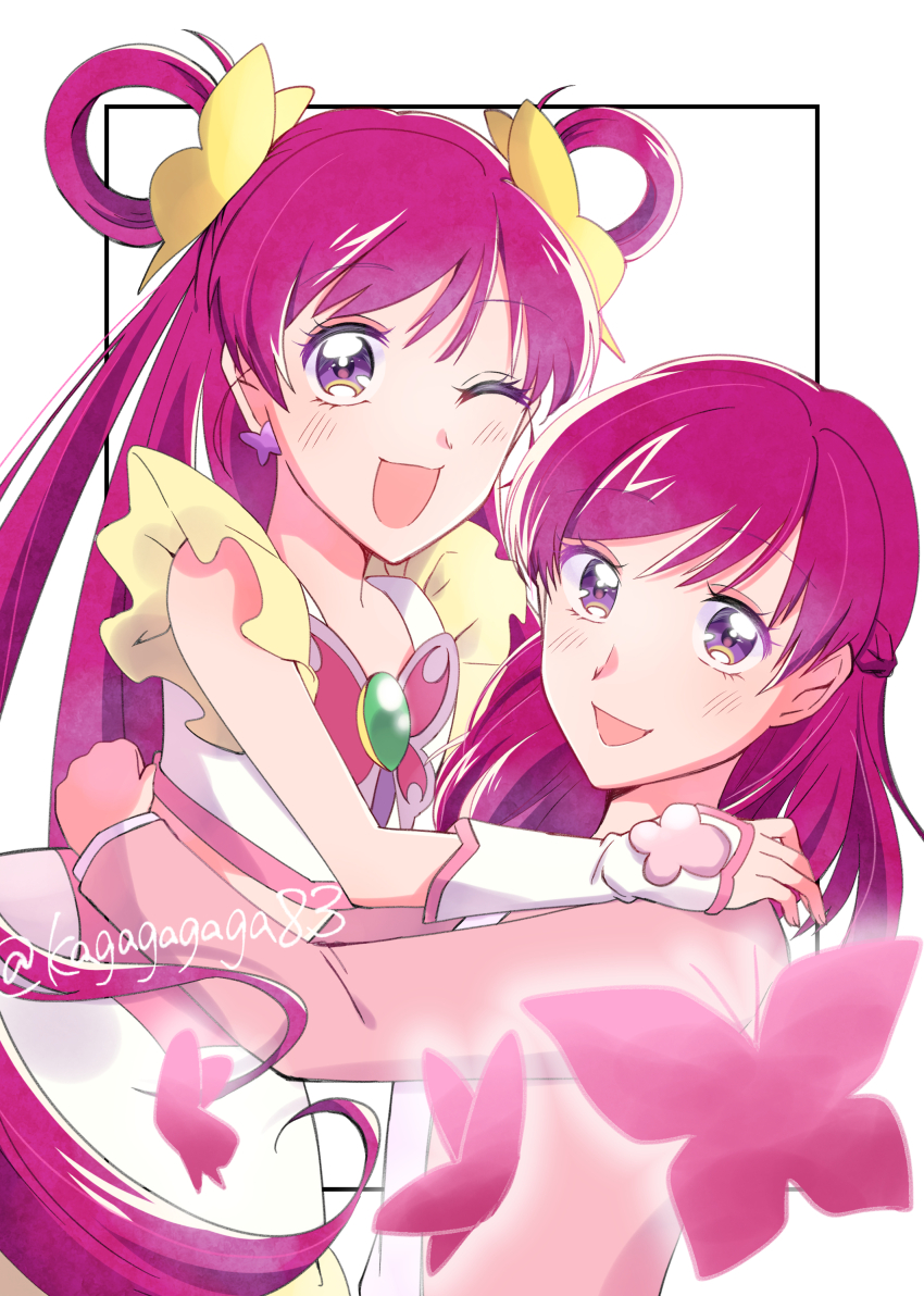 2girls, absurdres, age_difference, blush, braid, brooch, bug, butterfly, butterfly_brooch, butterfly_earrings, cropped_shirt, cure_dream, earrings, fingerless_gloves, gloves, hair_ribbon, hair_rings, half_up_braid, highres, insect, jacket, jewelry, kagagagaga83, kibou_no_chikara_otona_precure_'23, long_hair, long_sleeves, magical_girl, medium_hair, midriff, multiple_girls, one_eye_closed, open_clothes, open_jacket, open_mouth, pink_eyes, pink_hair, pink_jacket, pink_shirt, precure, ribbon, shirt, skirt, smile, twitter_username, white_gloves, white_shirt, white_skirt, yellow_ribbon, yes!_precure_5, yumehara_nozomi