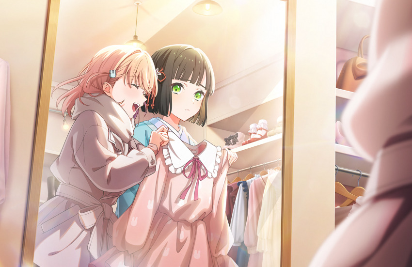 2girls, :d, ^_^, black_hair, blue_kimono, blunt_bangs, blunt_ends, brown_coat, ceiling_light, closed_eyes, clothes_hanger, coat, crossed_bangs, dress, flower, flower_knot, frown, full-length_mirror, game_cg, green_eyes, hair_flower, hair_ornament, highres, hinoshita_kaho, holding, holding_unworn_clothes, holding_unworn_dress, imminent_forced_dressing, indoors, japanese_clothes, kimono, link!_like!_love_live!, long_sleeves, looking_at_another, love_live!, medium_hair, mirror, momose_ginko, momose_ginko_(winter_casual), multiple_girls, official_art, open_mouth, orange_hair, pink_dress, rabbit_hair_ornament, reflection, reflection_focus, shoes, shopping, short_hair, slice_of_life, smile, teeth, third-party_source, two_side_up, unworn_dress, unworn_shoes, upper_teeth_only, virtual_youtuber
