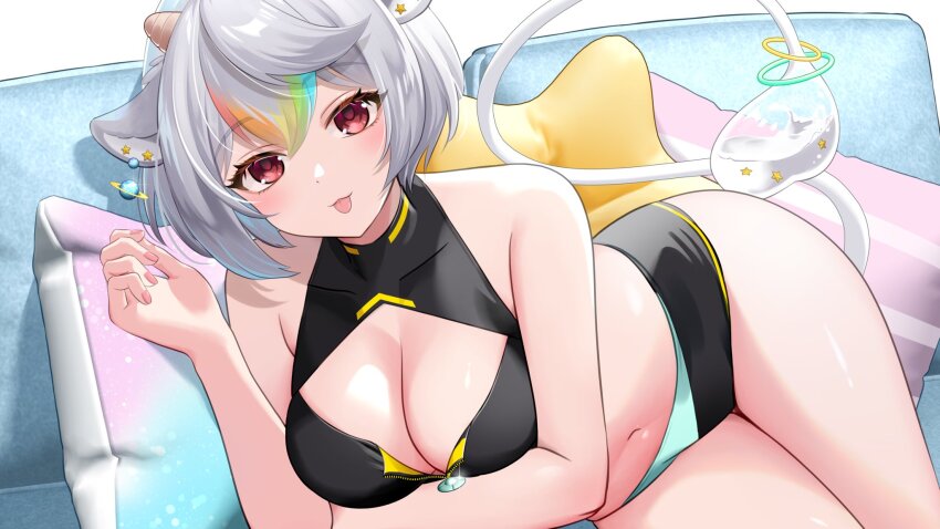 1girl, :p, aerigomoo, animal_ears, breasts, cleavage, cleavage_cutout, clothing_cutout